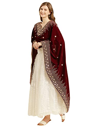DUPATTA BAZAAR Women's Embroidered Maroon Velvet Dupatta, free size