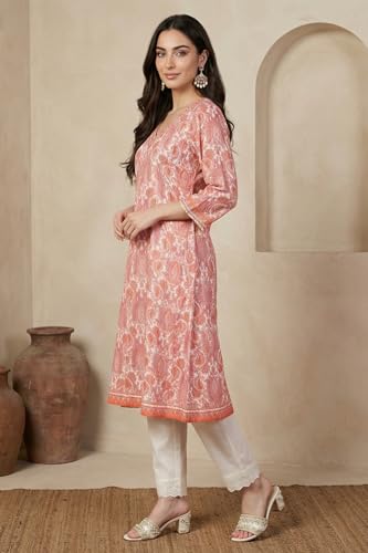 W for Woman White and Peach Paisley Printed Sequins Modal Anarkali Kurta - (W14003-127413-M)