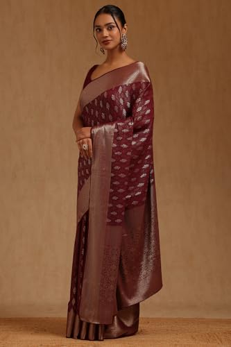 Soch Womens Wine Georgette Floral Zari Woven Saree