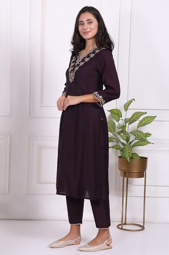 W for Woman Purple Embroidered Straight Kurta, Pants and Dupatta Set - (WS13238-224189-XL)