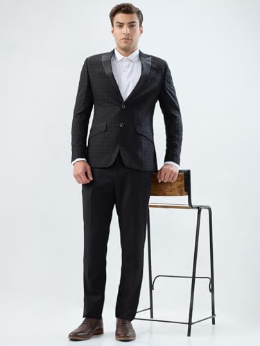 Park Avenue Men Super Slim Fit Jacquard Pattern Terry Rayon Blend Peak Lapel Full Sleeve Ceremonial Suit Black