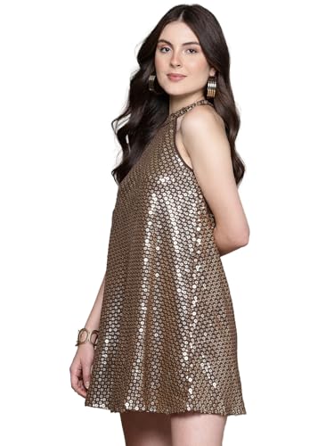 Label RITU KUMAR Halter Neck Sequins Short Dress Brown