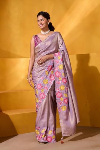 Taneira Women Violet Viscose Tissue Embroidered Saree with Unstitched Blouse Piece (SAPP01AA0723-Violet)