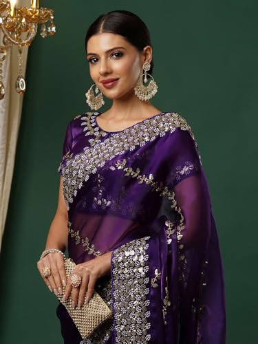 Satrani Women's Tissue Silk Sequence Embroidery Work Scalloped Border Saree with Unstitched Blouse Piece (3905S154N_Midnight Purple)