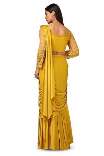 Soch Womens Mustard Beads Embellished Nylon Blend Ready-To-Wear Saree