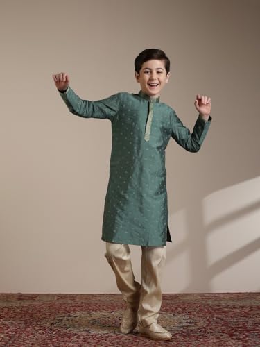 Manyavar Olive Green Blended Viscose Embroidery|Zari Kurta Pyjama Set for Child(12-14 years)