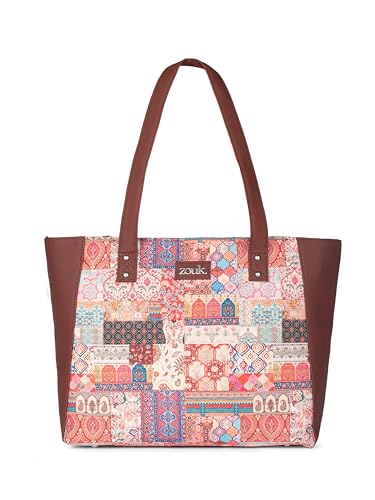 ZOUK Kutch Gamthi Abstract Printed Women Jute Vegan Leather Multicolor Side Tote Bag For Ladies With Double Handle