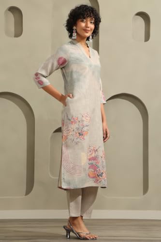 Soch Womens Grey Linen Botanical Printed Kurta Set