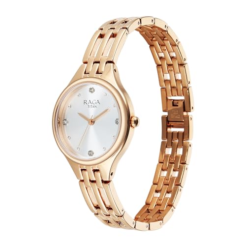 Titan Raga Showstopper 4.0 Quartz Silver Round Dial Women's Watch | Rose Gold Colour Band | Watches for Women Analog - 95356WM01