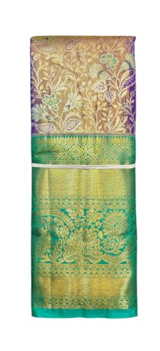 VFCollections Women's Traditional Handloom Kanchipuram Silk Pure Pattu Saree Purple & Teal Green Royal Wedding Border & Floral Butta With Rich Zari Woven Design | Bridal Saree | Unstitched Blouse