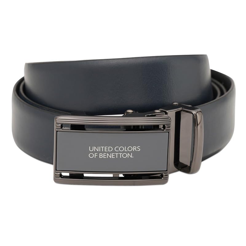 United Colors of Benetton Men's Leather Belt Stovall | Auto-Lock Formal Belt - Fine Milled Textured Navy (L - 100cm) | Ideal for Gifting