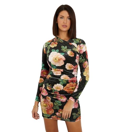 GUESS Women's Black Polyester Blend Printed Regular Fit V-neck Full Sleeve Dress
