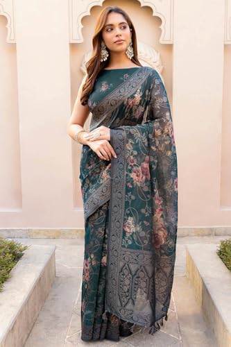 Soch Womens Green Chanderi Floral Print Saree With Zari Woven
