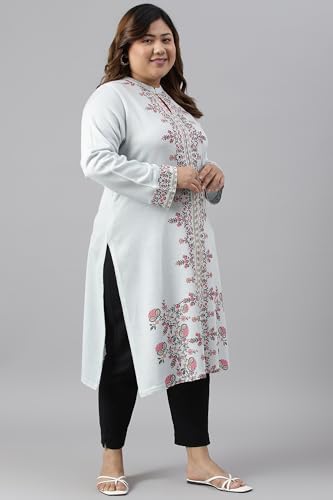 W for Women Blue Acrylic Printed Plus Size Winter Kurta_22NOW18539G-119395P_4XL