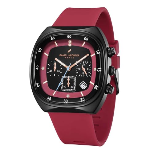 Daniel Hechter Paris Bercy Collection Modern Multi Functional Watch for Men with Square Dial and Silicon Band-DHM1001 (Dial: Black Strap: Red)