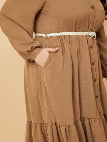 Max Women Textured A-line Tiered Shirt Dress with Belt (Beige_3XL)