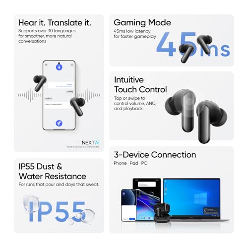 realme Buds Air 8 Pro TWS Earbuds with 11mm+6mm Dual DAC Drivers| 55dB ANC| 6-Mic VPU| 3D Spatial Audio |50H Playtime| IP55 Rating (Master Black)