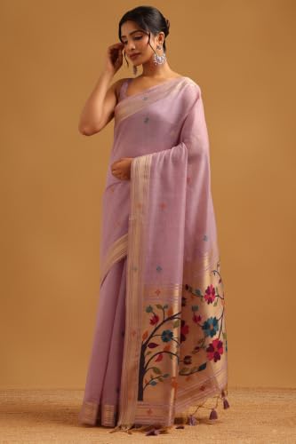 Soch Womens Lavender Chanderi Botanical Zari Woven Saree With Tassel