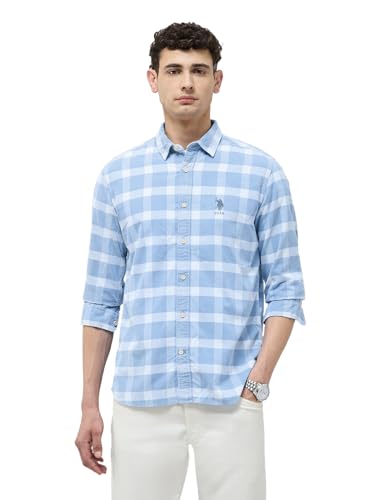 U.S. Polo Assn. Denim Co. Men's Checkered Slim Fit Shirt (UDSHT1949_Light Indigo