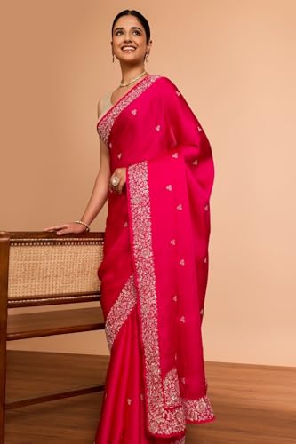 Taneira Women Pink Viscose Satin Embroidered Saree With Unstitched Blouse Piece (SAPP09AC5305-Pink)