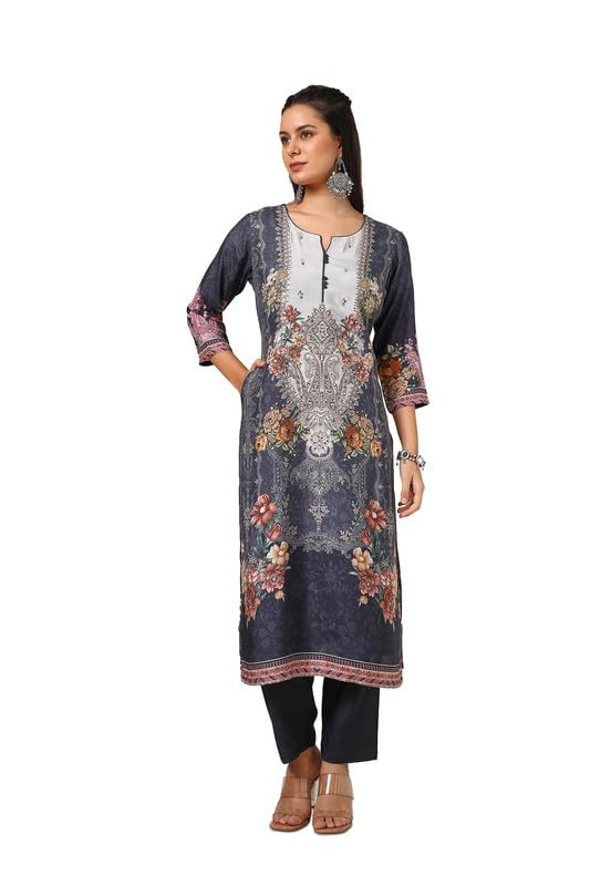 Soch Womens Charcoal Viscose Muslin Suit Set With Mirror Work