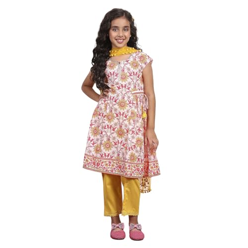 BIBA Girl's White Cotton Flared Printed Suit Set