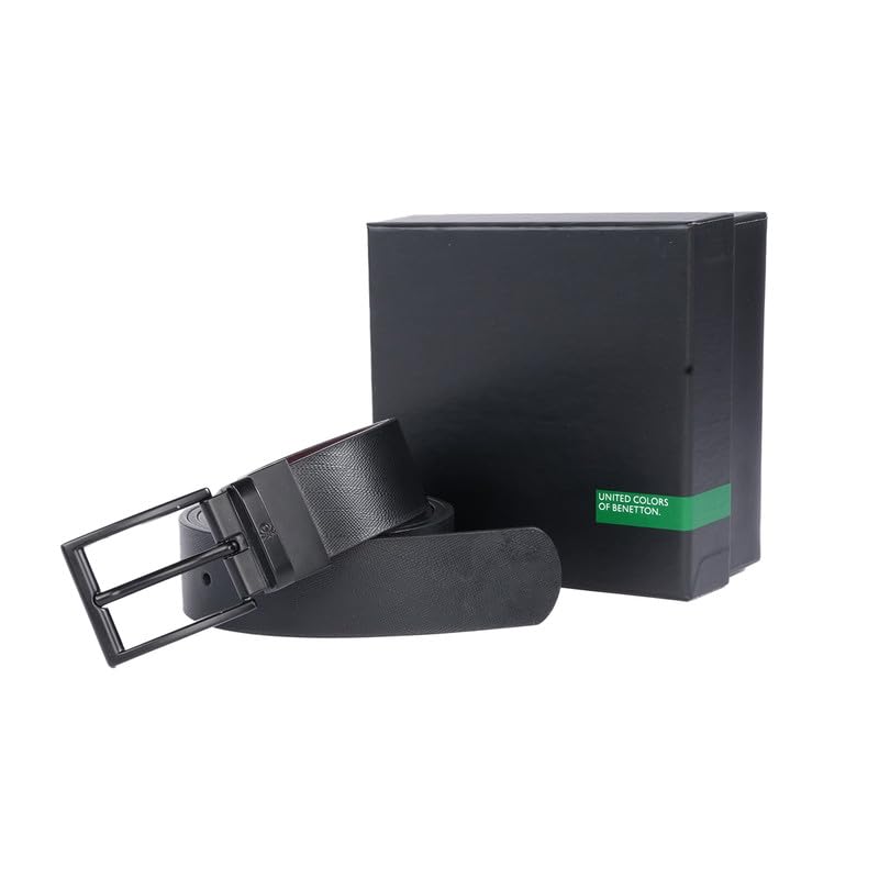 UNITED COLORS OF BENETTON Aarberg Leather Men Reversible Belt - Black+Wine, S 80Cm | Waist Range: 28-32 | Saffiano Textured Reversible Belt With Pin Closure