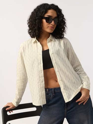The Souled Store Stripe Shirt: Marina Women and Girls Full Length Spread Collar Off-White and Blue Striped Cotton Relaxed Fit Breathable Lightweight Everyday All-Season Shirt