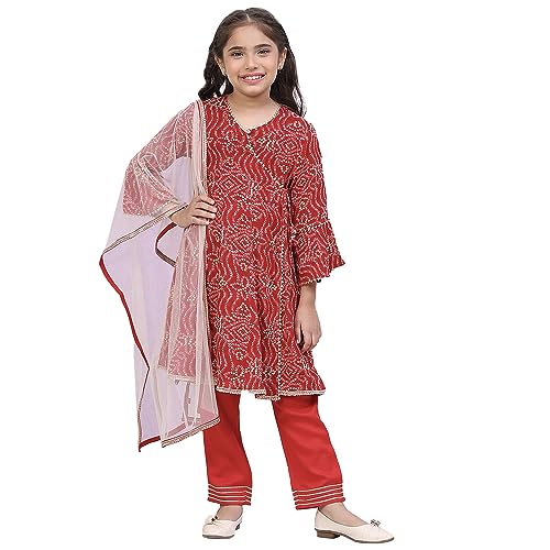 BIBA Rayon Girl Printed Straight Kid Kurta Pant With Dupatta Set (Kw4852_Red_13)