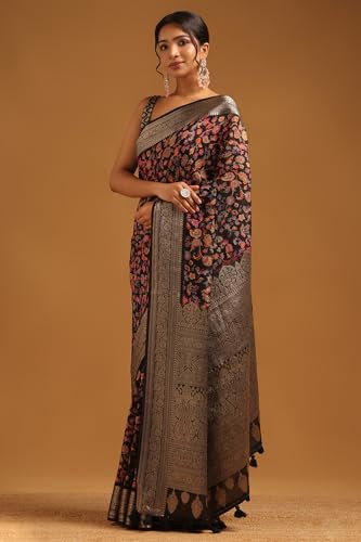 Soch Womens Black Silk Blend Botanical Saree