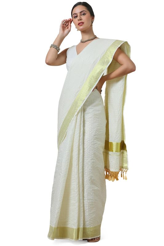 Soch Womens Cream Cotton Blend Woven Design Kasavu Saree With Tassels