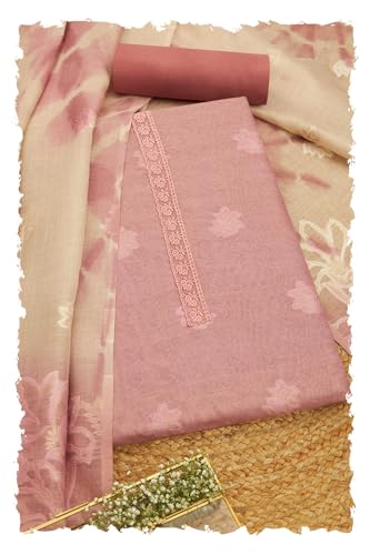 Soch Womens Onion Pink Linen Floral Print Unstitched Dress Material With Thread Work