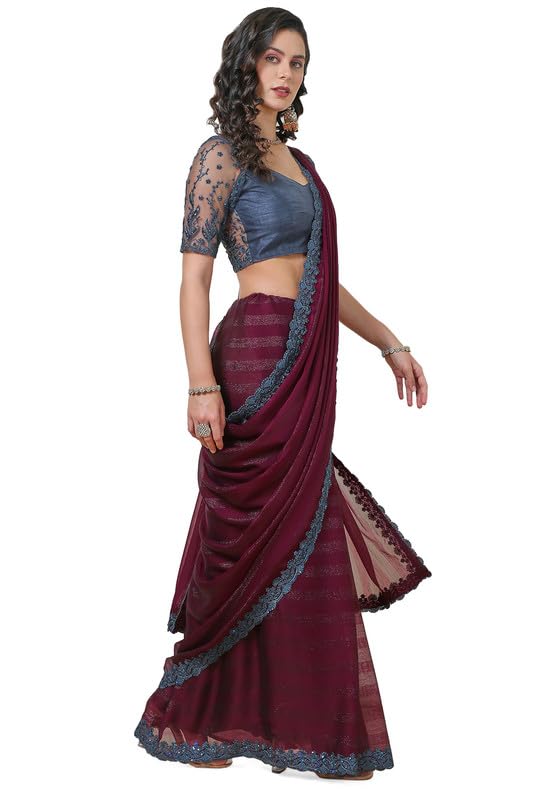 Soch Womens Wine Chiffon Striped Simmer Saree