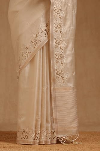 Soch Womens Cream Tussar Hand Embroidered Saree