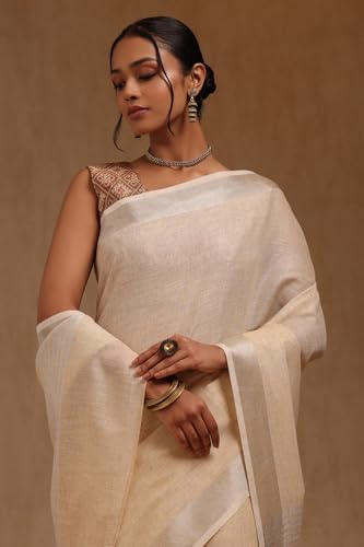 Soch Womens Cream Linen Solid Saree