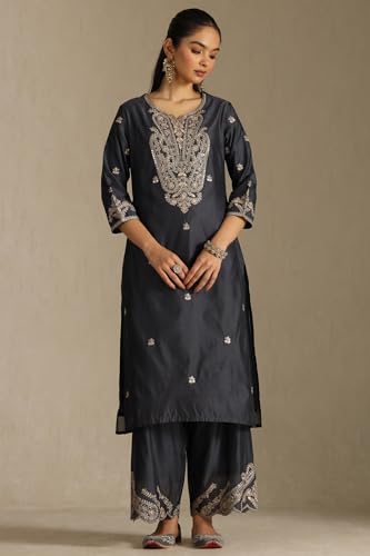 Soch Womens Charcoal Chanderi Embroidered Suit Set Sequins