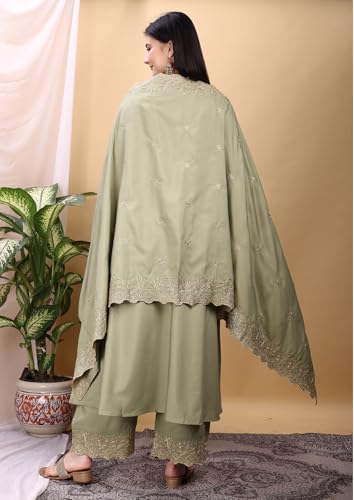 Granthva Fab Kurta Set for Women Silk Embroidered Anarkali Kurta with Palazzos and Dupatta (kurta set for women_BKG-1109-S_Light Green)