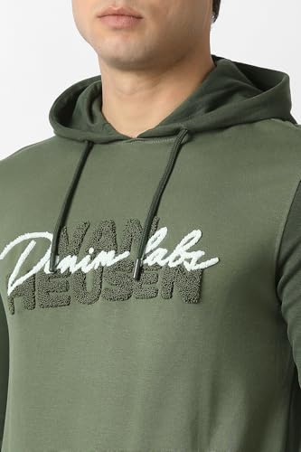 Men Green Embroidered Hooded Neck Sweatshirt