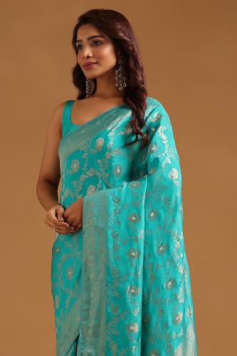 Soch Womens Turquoise Blue Crepe Botanical Zari Woven Saree