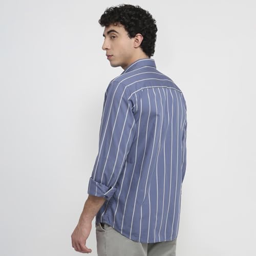 Park Avenue Men Slim Fit Stripe Pattern Pure Cotton Short Collar Full Sleeve Round Hem Casual Shirt Dark Blue
