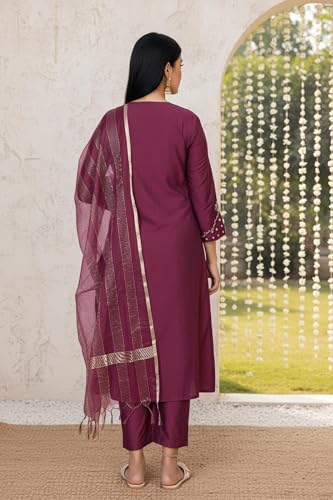 W for Woman Purple Embroidered Zari Sequined Straight Silk Blend Kurta with Straight Pant and Dupatta Set (WS13398-126131-S)