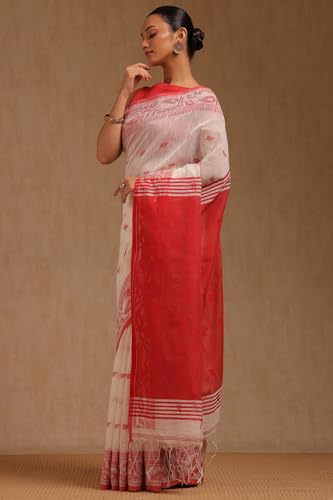 Soch Womens White Cotton Woven Design Saree