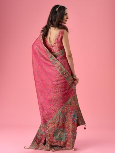 MOHEY Women's Artistic Pink Saree with Blouse Piece (Pink)