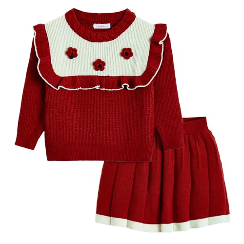 Hopscotch Girls Full Sleeves Red Floral Sweater & Skirt Set (3-4 Years)