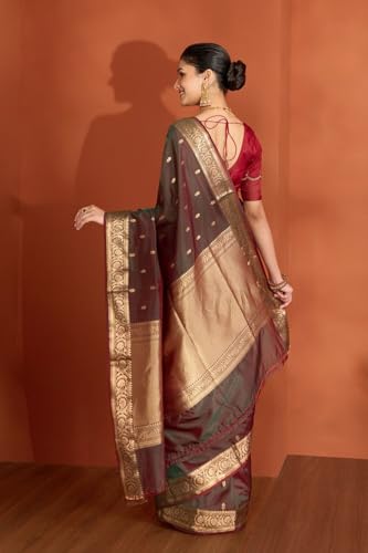 Taneira Women Dark Green Silk Viscose Cutwork Banarasi Saree with Unstitched Blouse Piece (SAPH03AA9879-Dark Green)