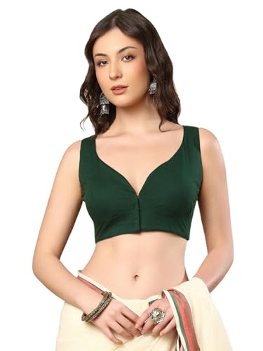 S SALWAR STUDIO Bottle Green Sweetheart Neck Pure Cotton Sleeveless Readymade Saree Blouse