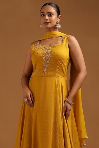 Soch Womens Mustard Vichitra Floral Gown with Cutwork