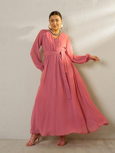 Sassafras Women Pink V-Neck Full Sleeve Maxi Dress-XXL