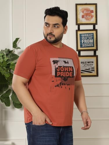 JOHN PRIDE Plus Size Men Regular Fit Printed Short Sleeves Rust Round Neck Stretchable T-Shirt (JPTSR32445_7XL_Rust)