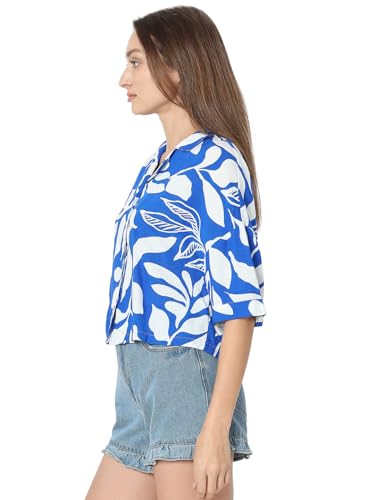 VERO MODA Women Abstract Print Blue Viscose Regular Fit Crop Shirt